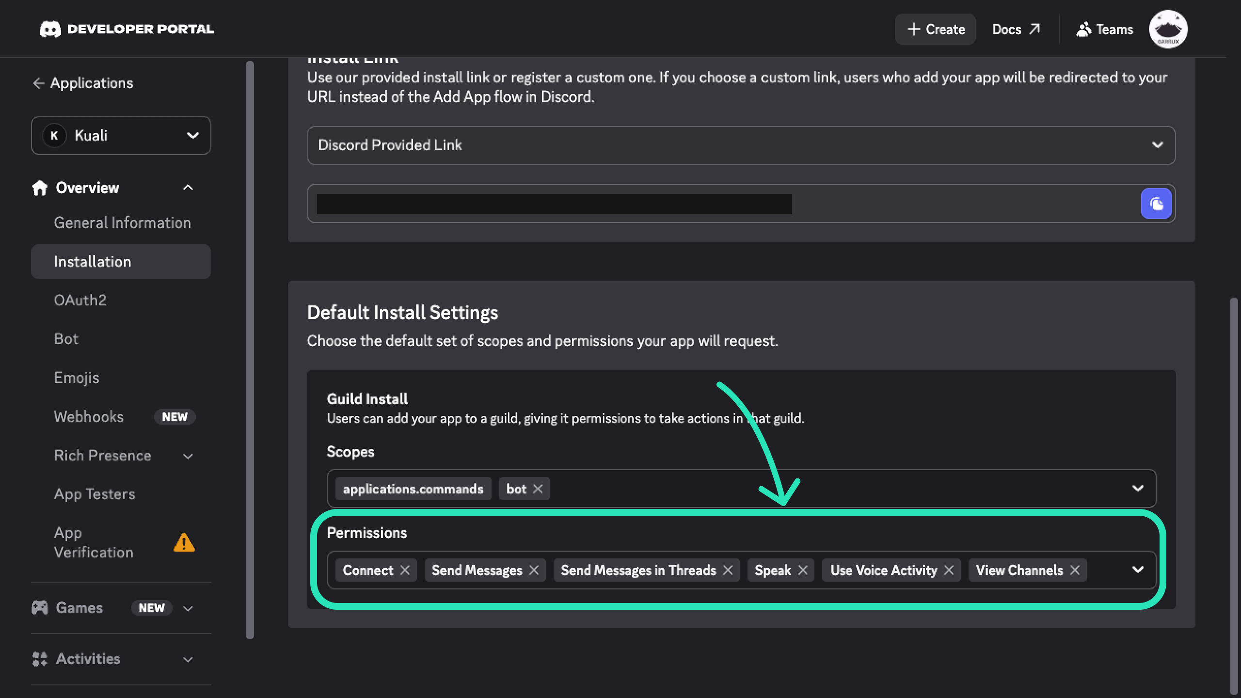 Six minimum Kuali bot permissions selected in Discord
