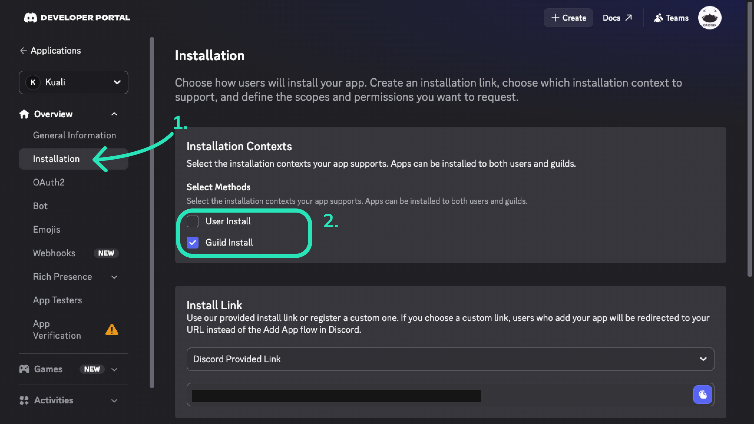 Guild Install selected in Discord Installation Contexts