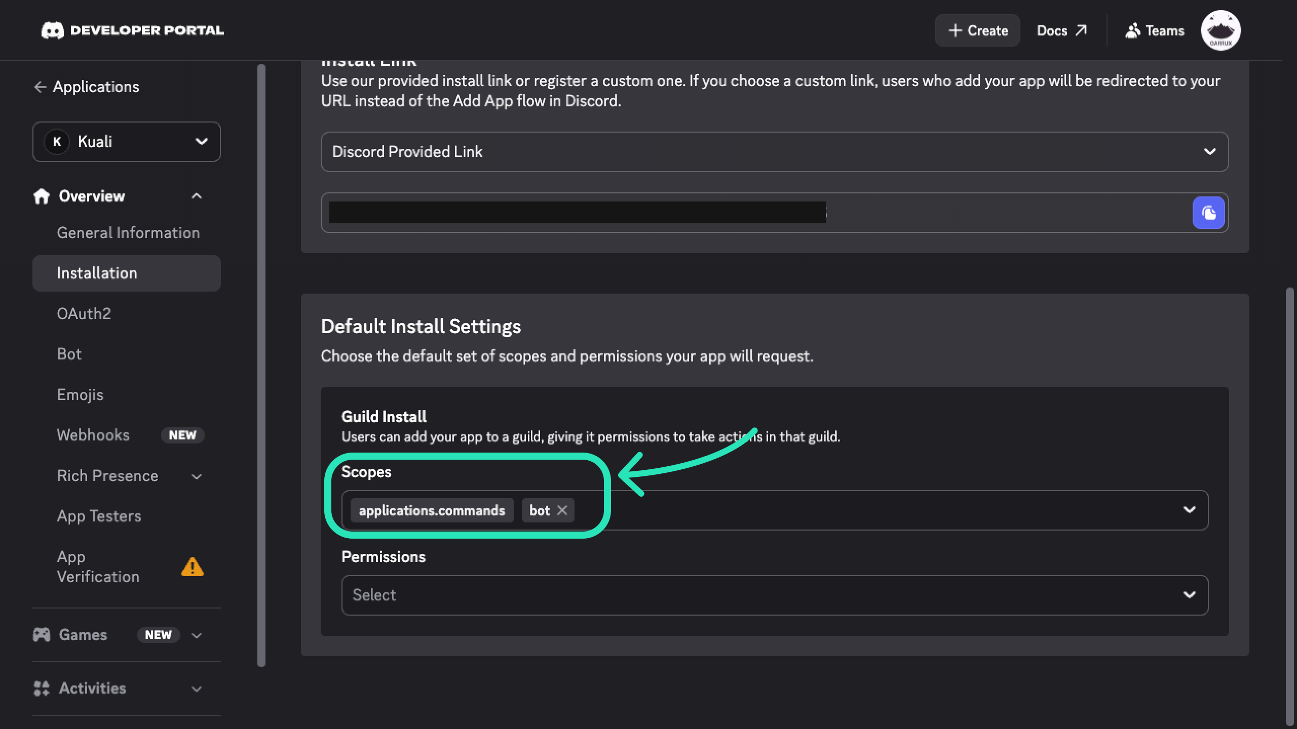 Applications commands and bot scopes selected in Discord
