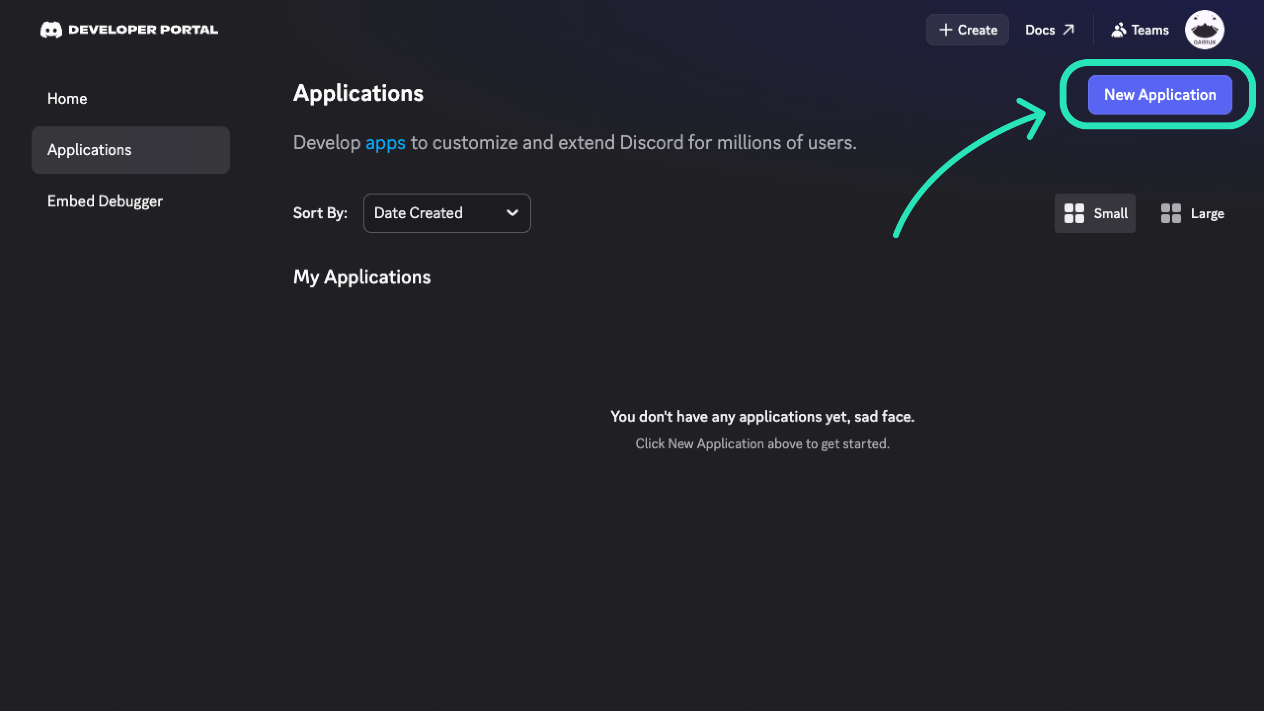New Application button highlighted in the Discord Developer Portal