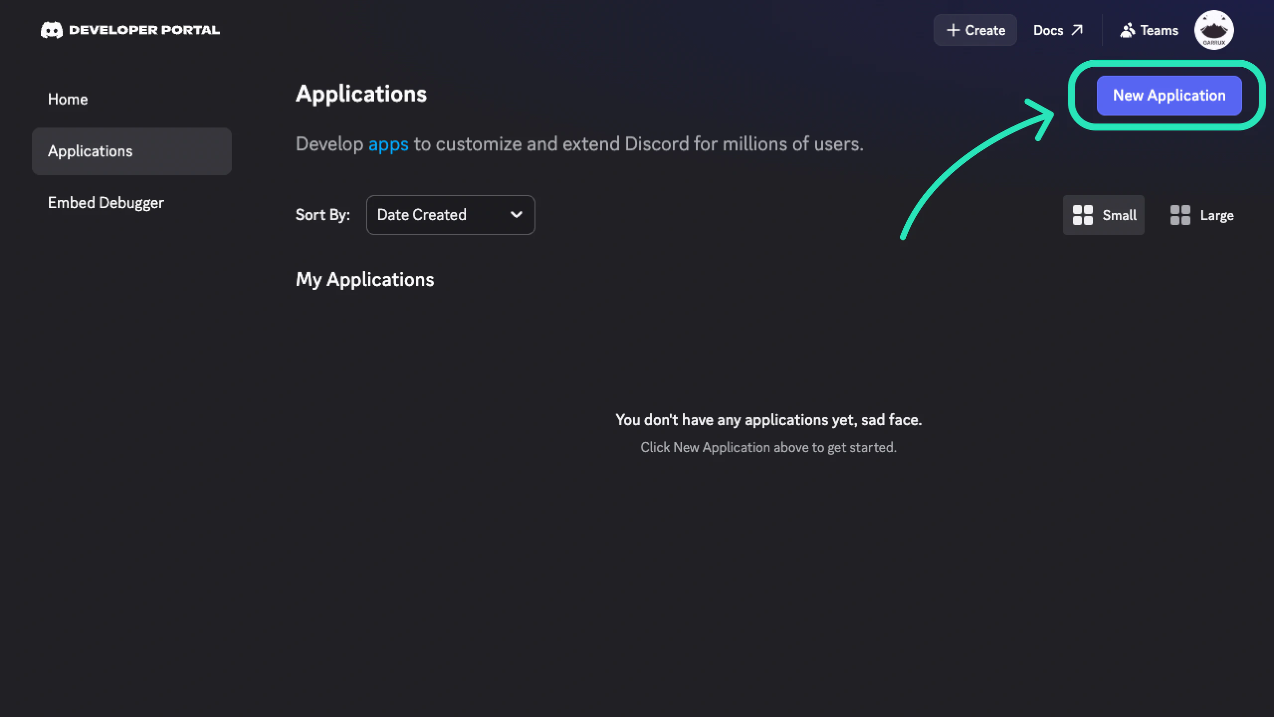 New Application button highlighted in the Discord Developer Portal