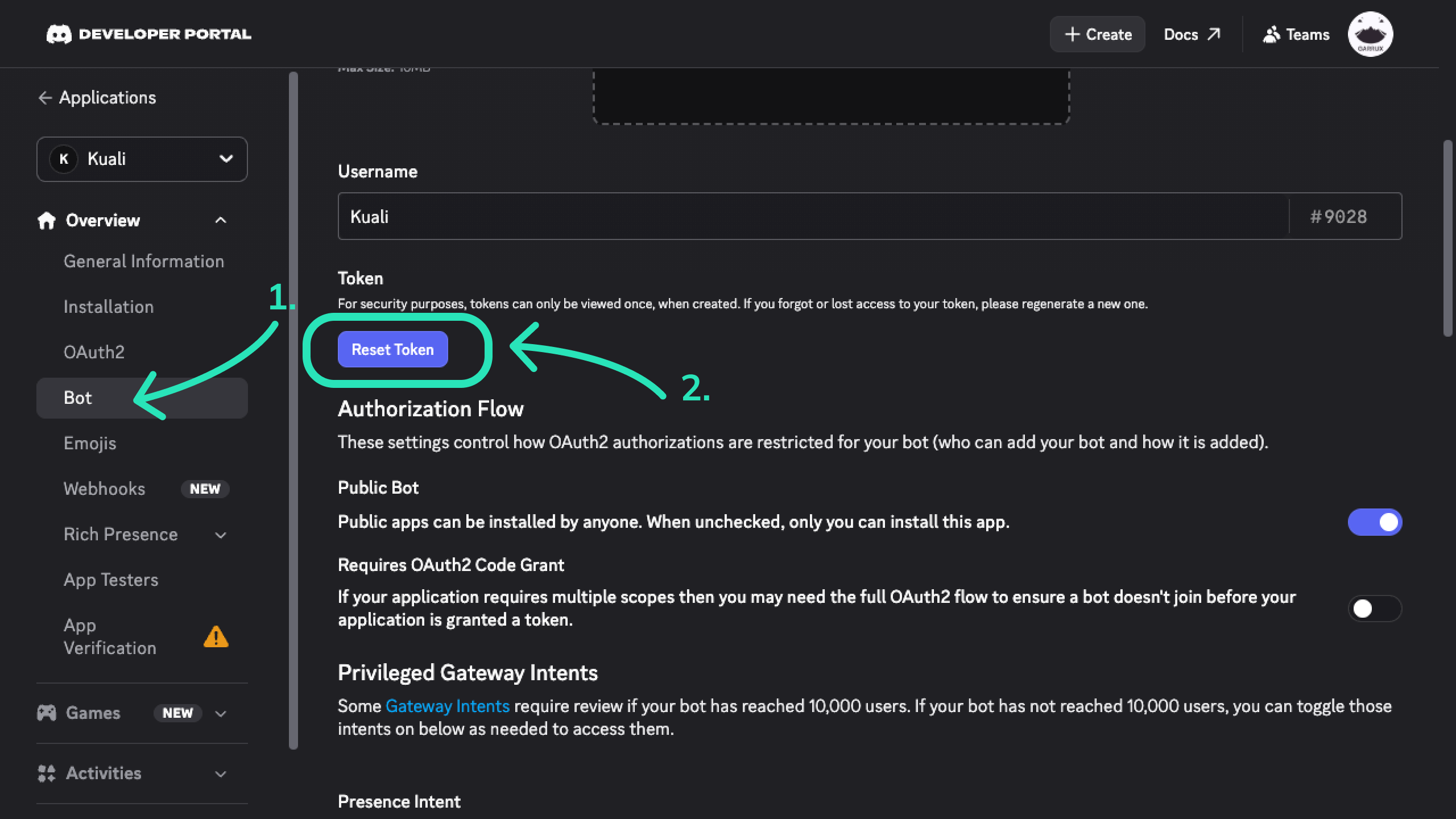 Reset Token button highlighted in Discord's Bot section