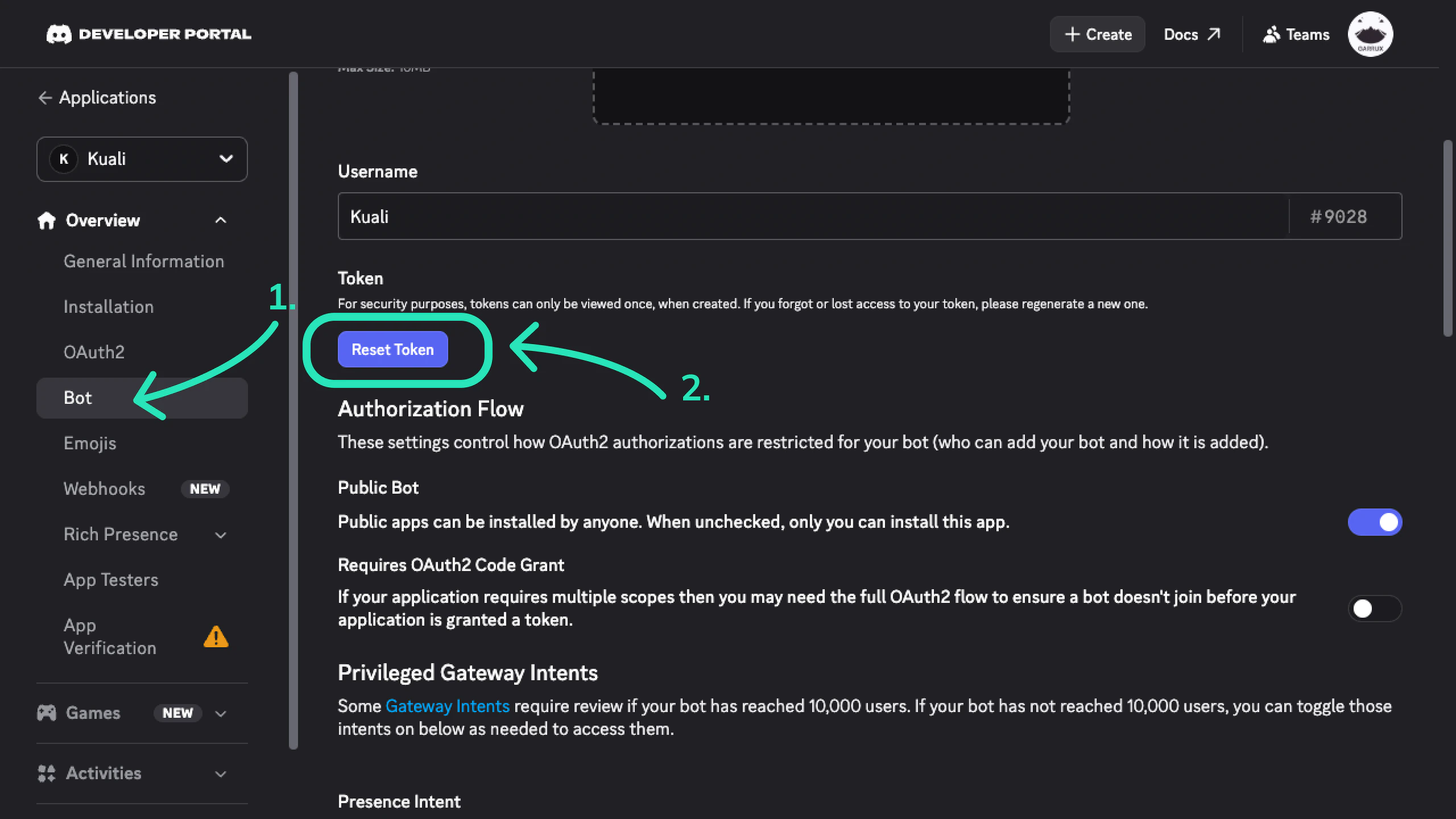 Reset Token button highlighted in Discord's Bot section
