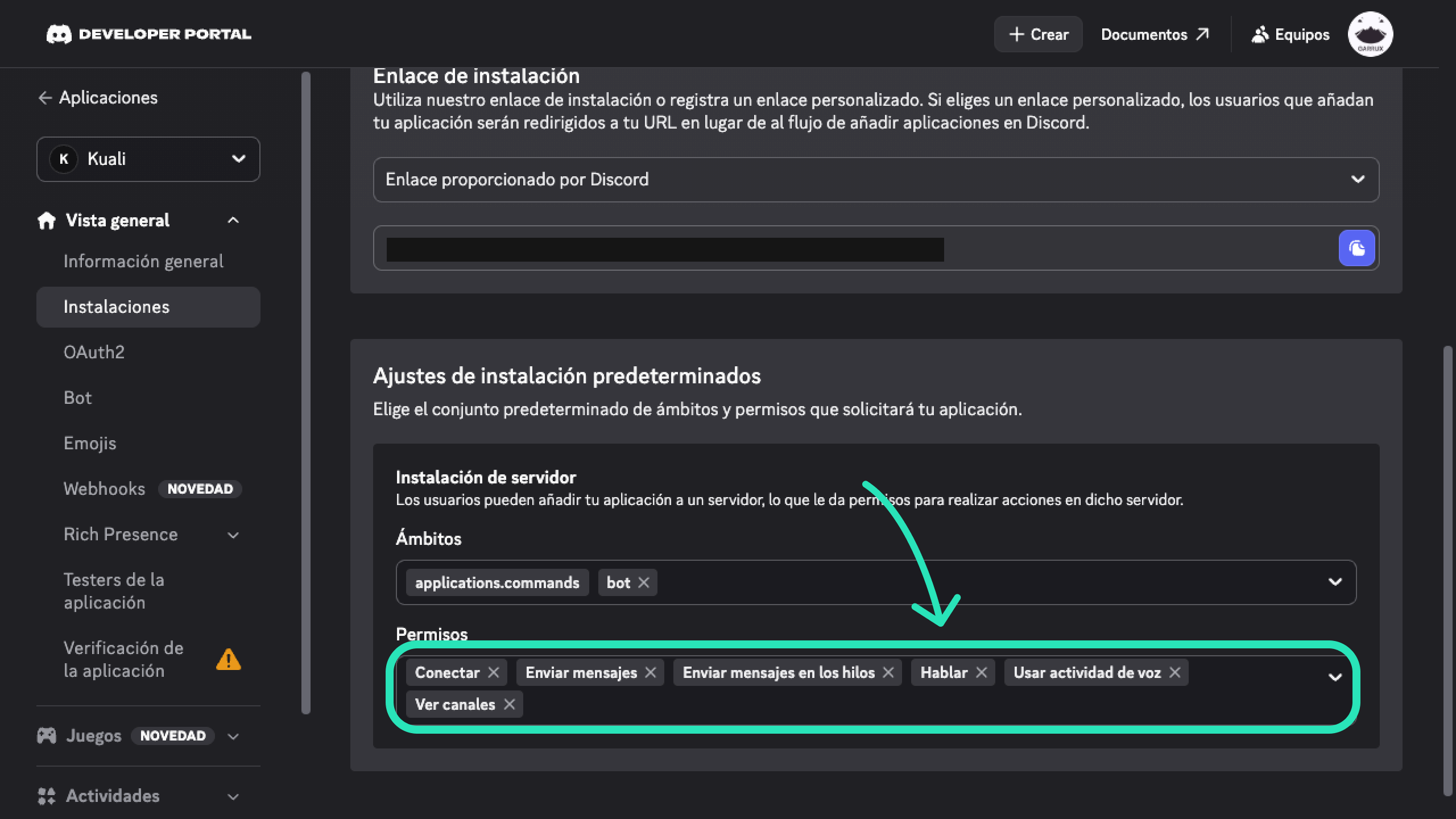 Seis permisos mínimos de Kuali seleccionados en Discord