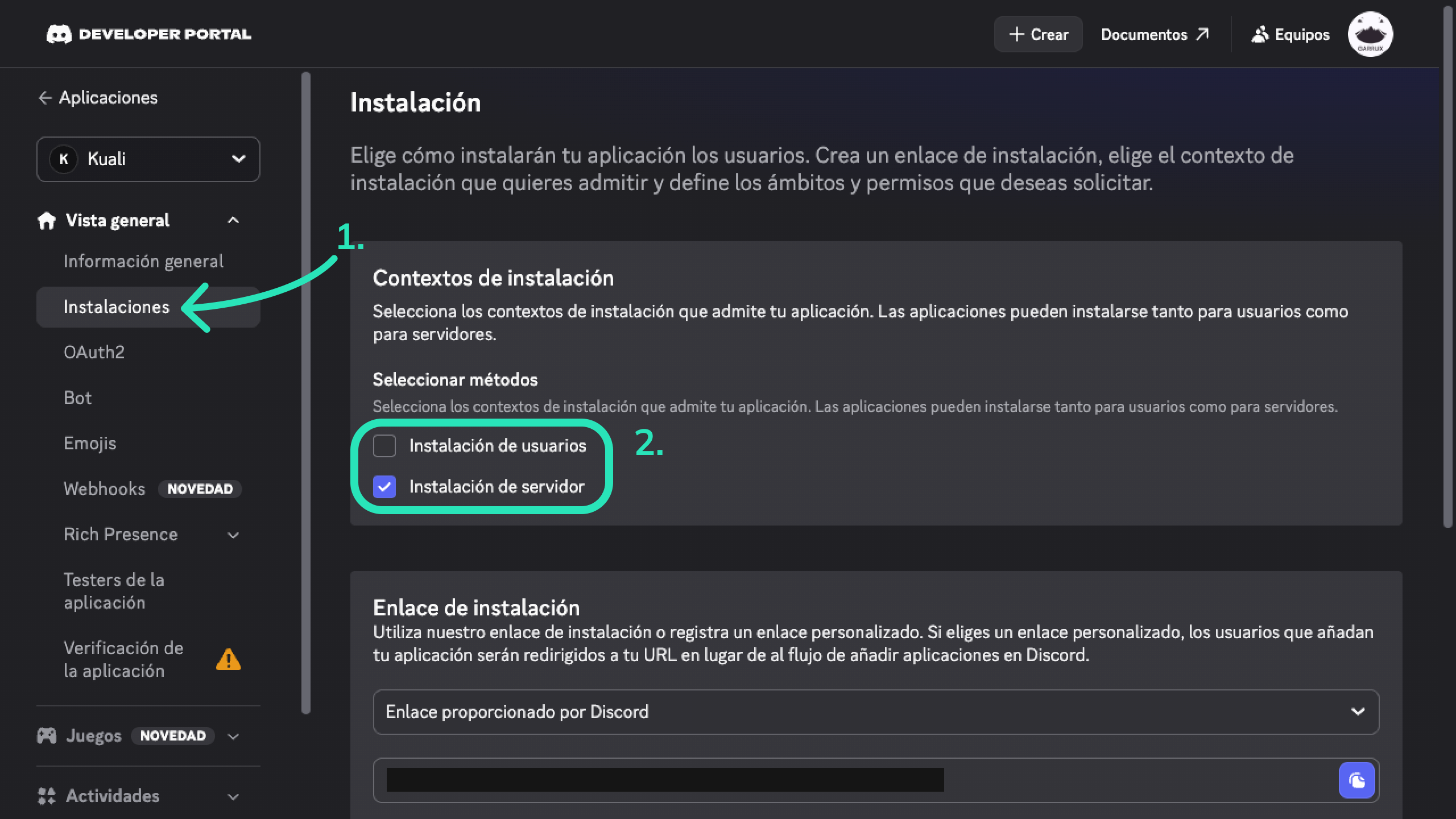 Instalación de servidor seleccionada en los contextos de Discord