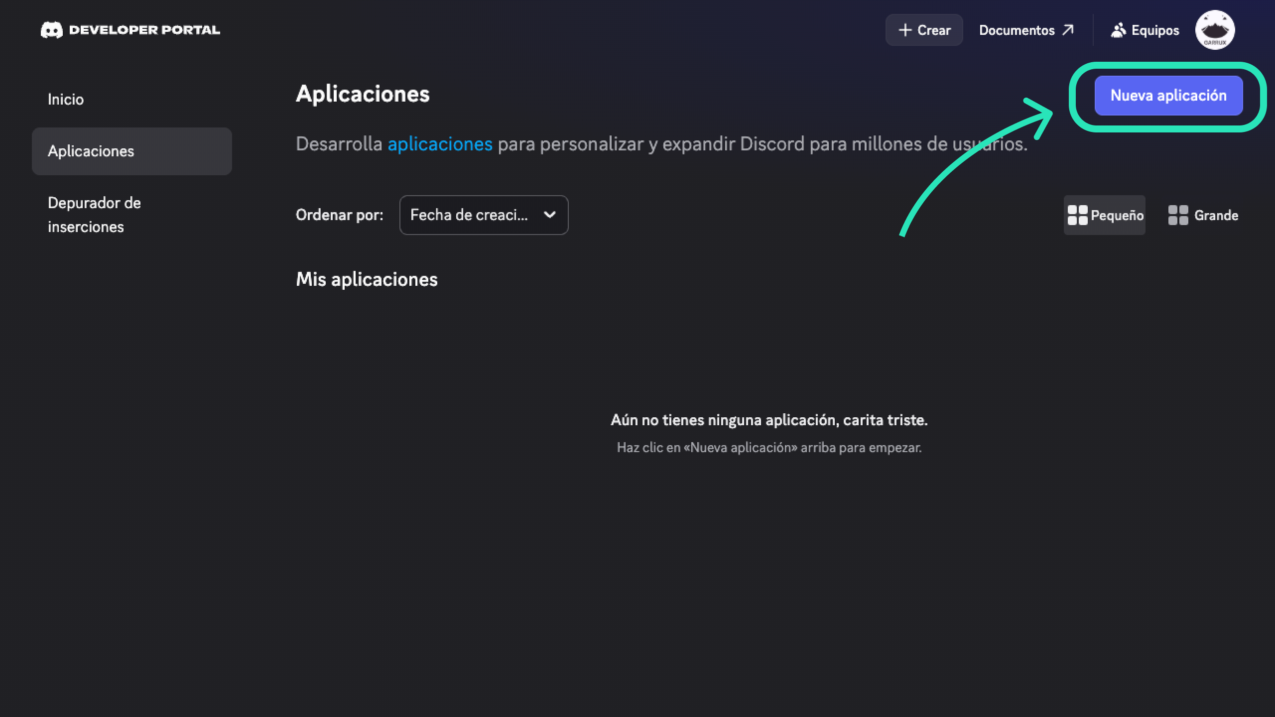 Botón Nueva aplicación resaltado en el Portal de desarrolladores de Discord