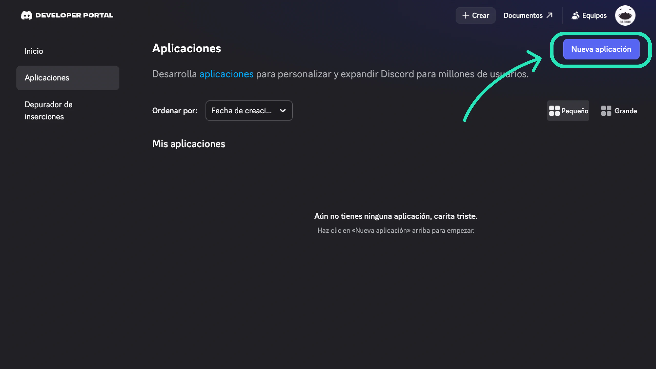 Botón Nueva aplicación resaltado en el Portal de desarrolladores de Discord