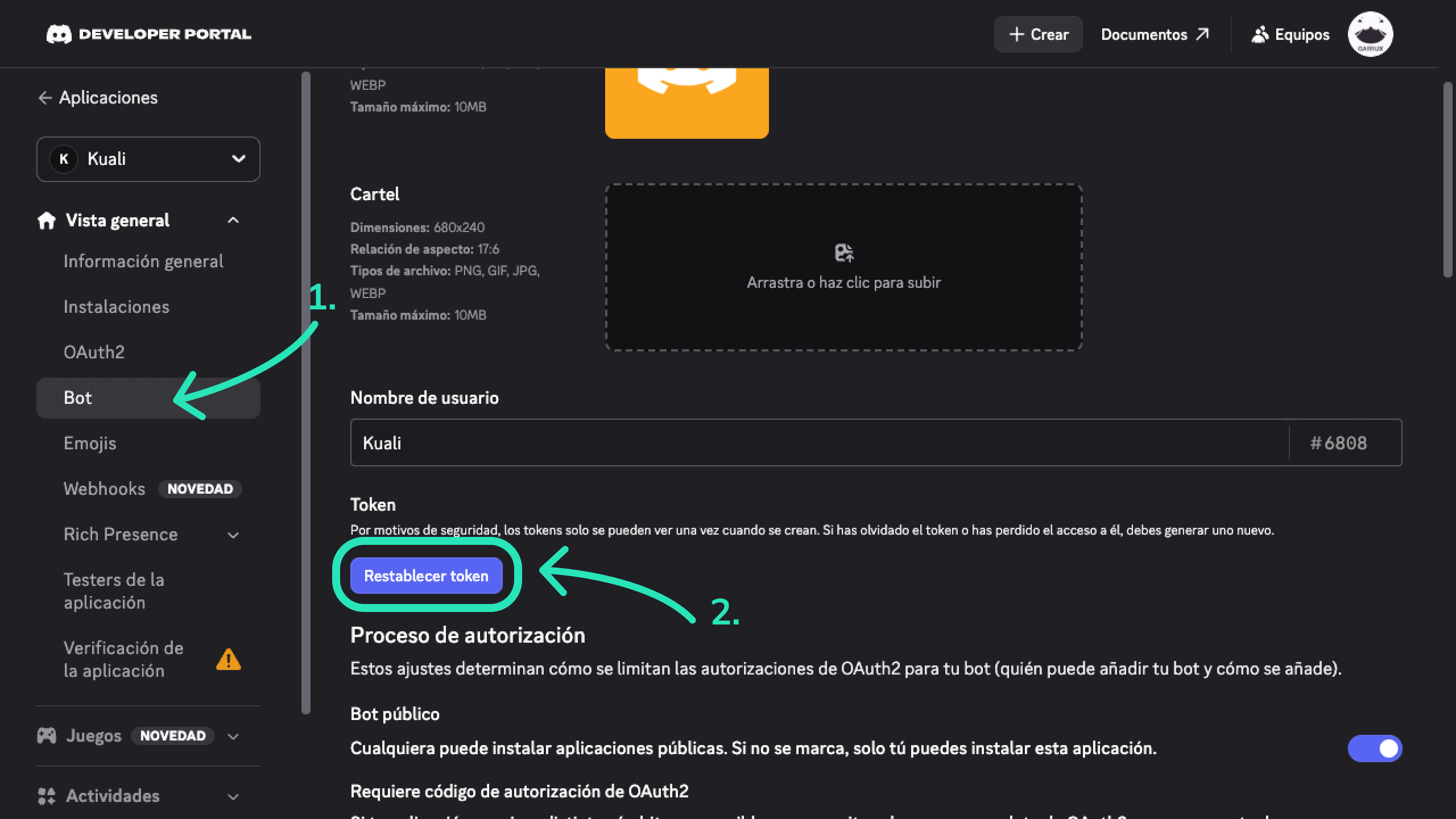 Botón Restablecer token resaltado en la sección Bot de Discord