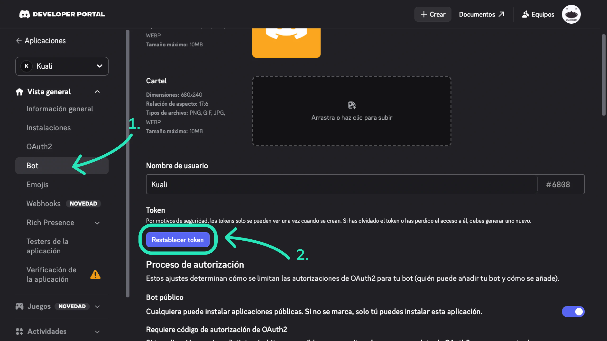 Botón Restablecer token resaltado en la sección Bot de Discord