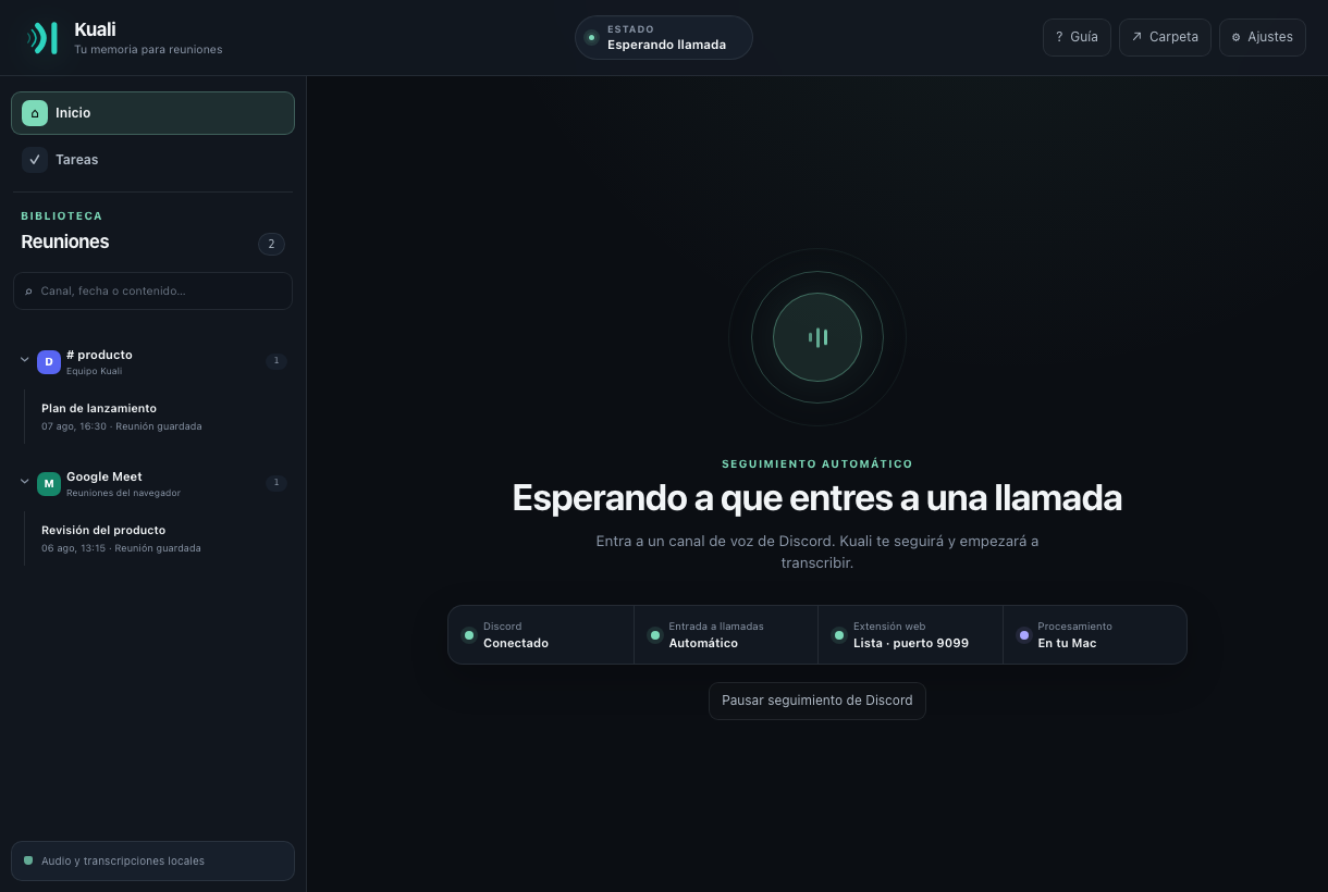 Interfaz real de Kuali con su biblioteca de reuniones y el seguimiento de Discord listo