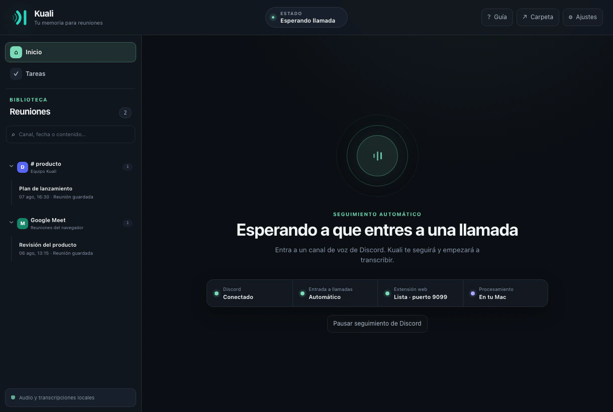 Interfaz de Kuali con la biblioteca local y el seguimiento de Discord listo