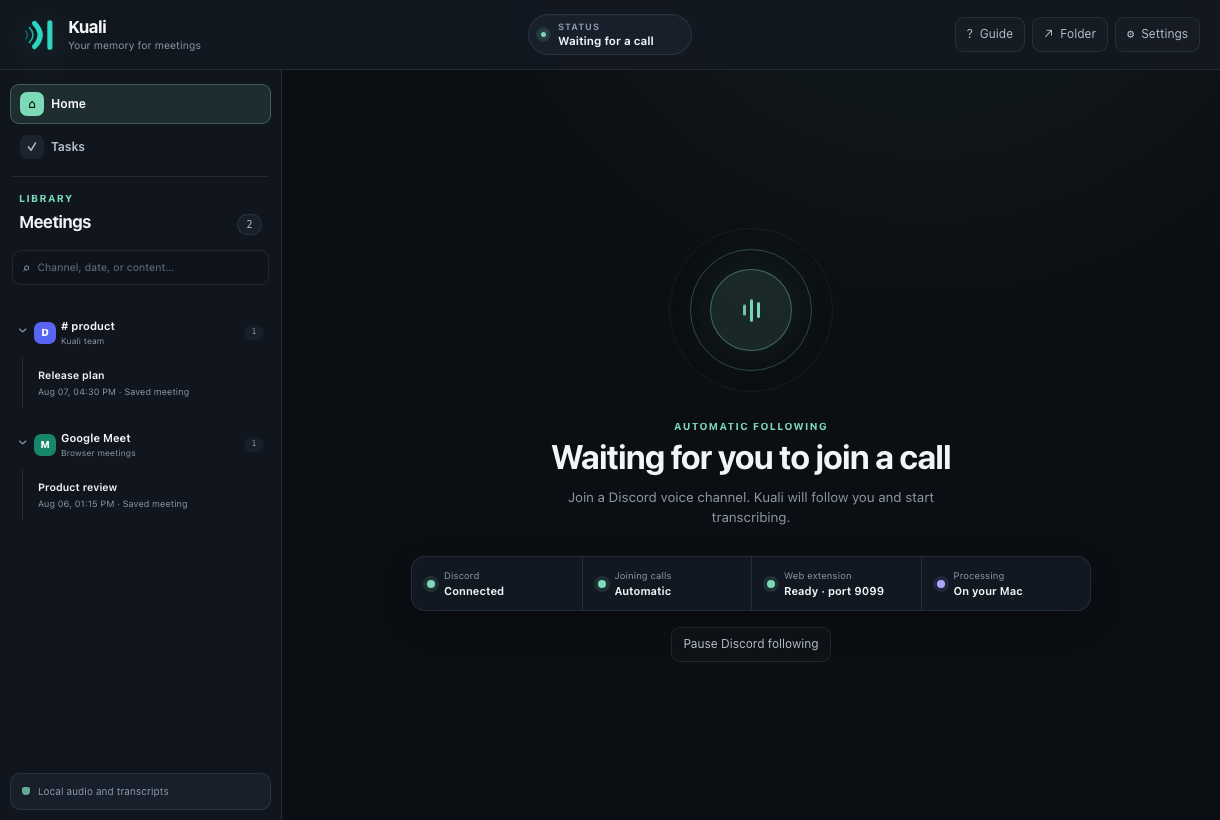 The real Kuali interface with its meeting library and Discord following ready