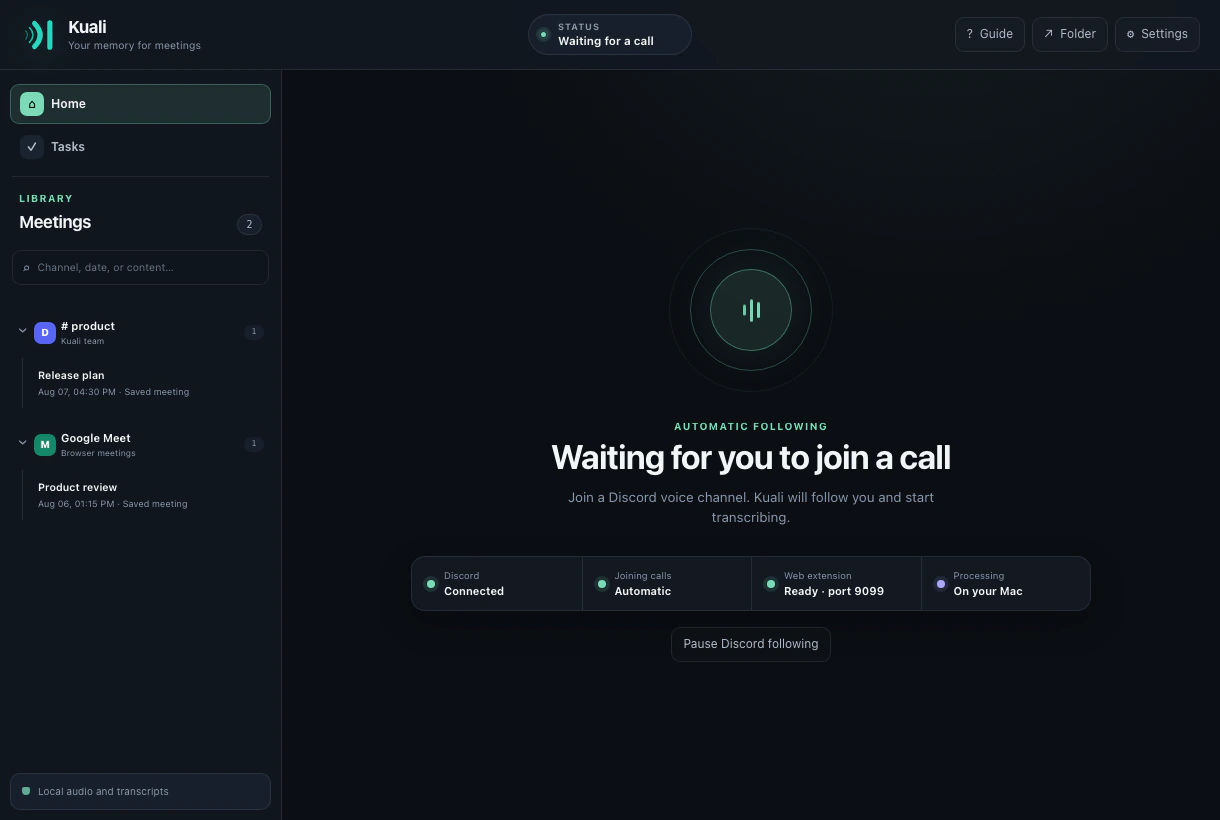 The Kuali desktop interface with its local meeting library and browser integration ready